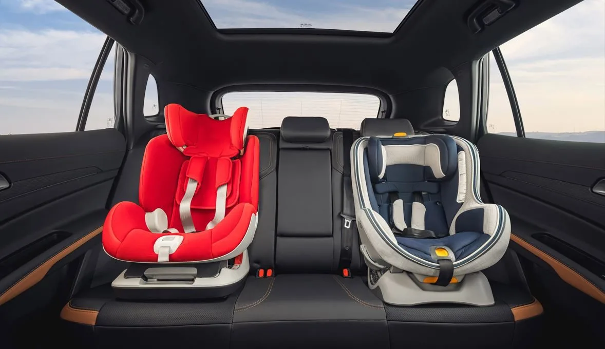 Banco traseiro do Novo Ford Territory 2026 com duas cadeirinhas infantis instaladas, destacando o amplo espaço interno, fixação ISOFIX e foco em segurança familiar, sob teto solar panorâmico e acabamento premium em couro.