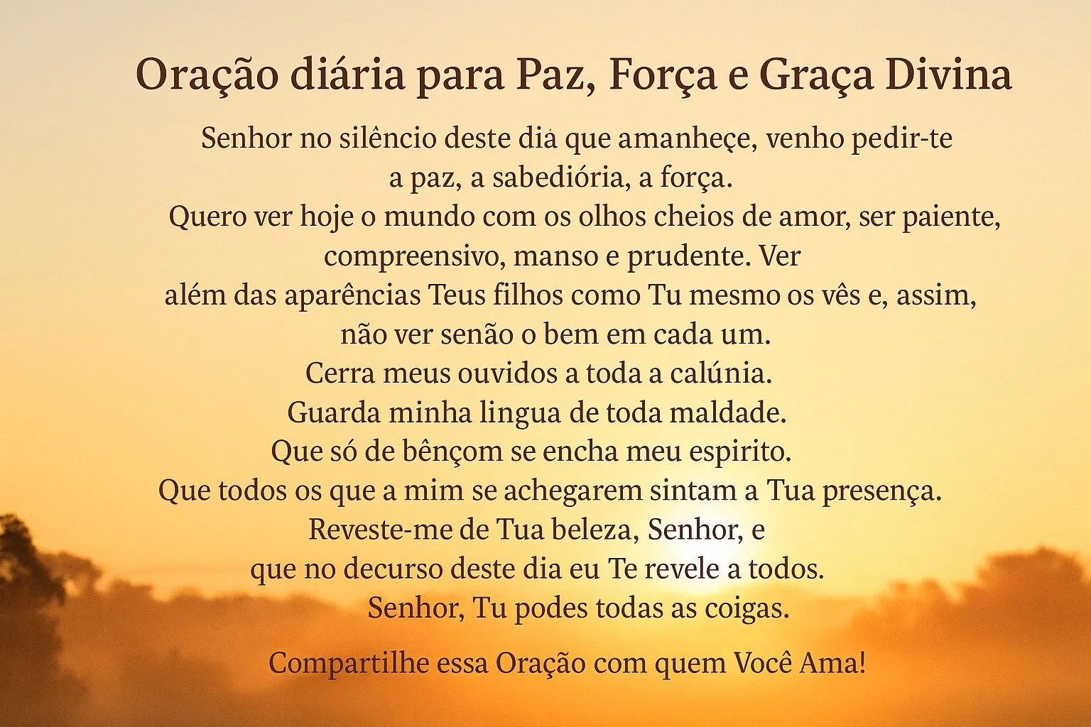 Imagem do amanhecer com o sol nascendo e com o texto da Oração diária.